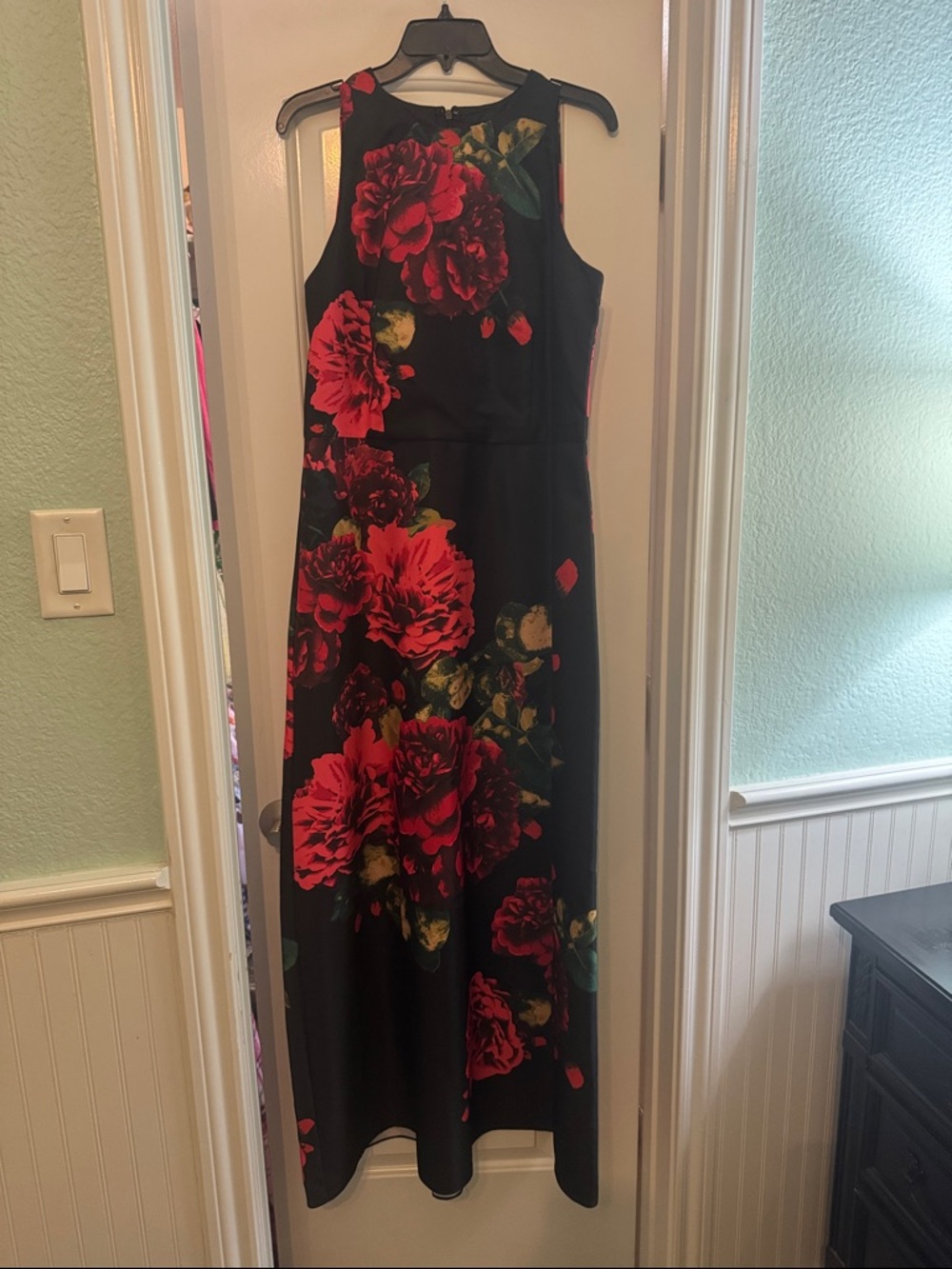 SLNY Black Maxi Dress with Red Floral Print